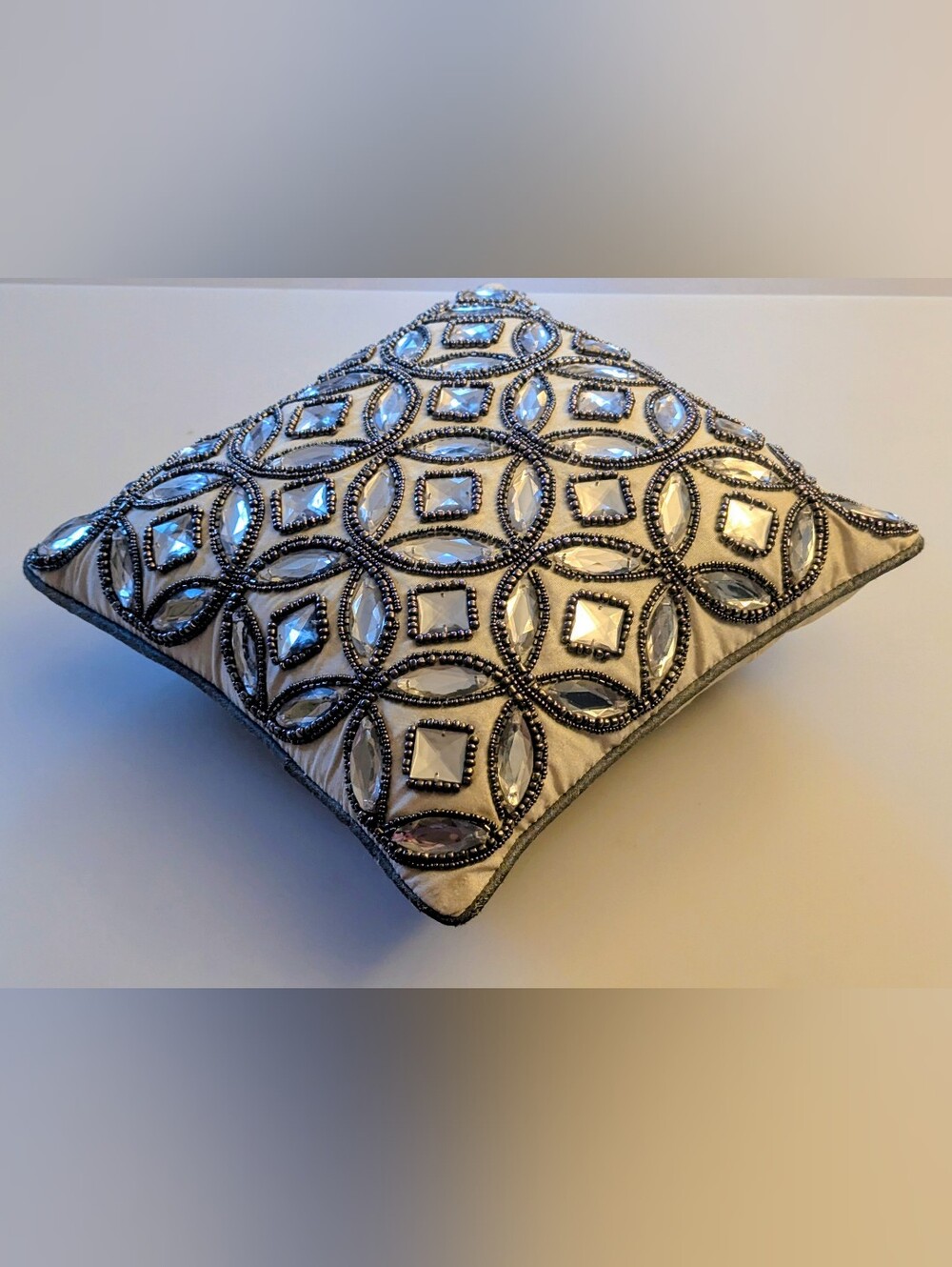 Embellished Throw Pillow Square Cushion W/Crystal Jewel, Beads Embroidery 11x11"